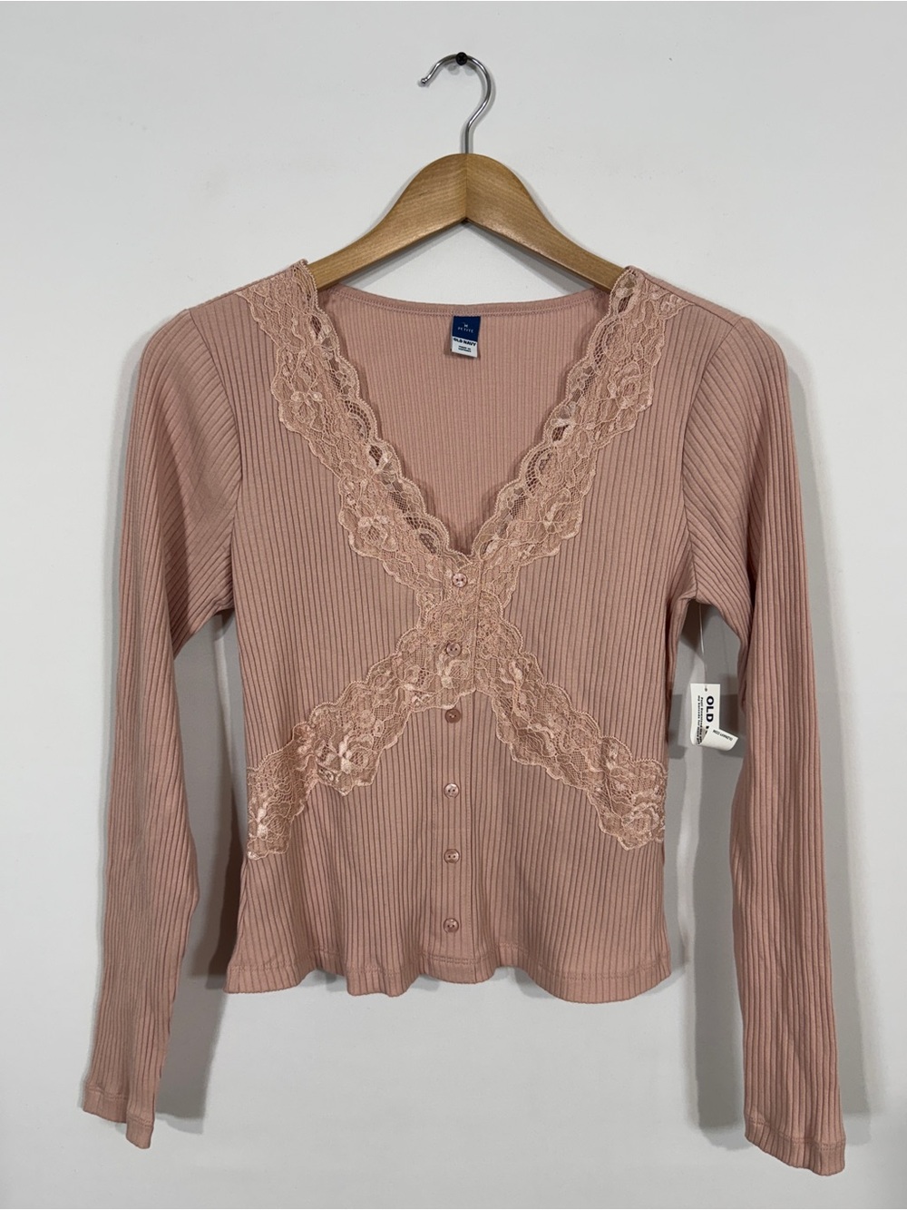 WSH142 {Old Navy} Petite Light Pink Ribbed Lace Button Long Sleeve V-Neck Shirt